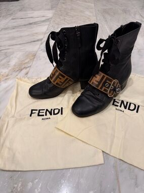 Fendi Black Leather Lace-Up Boots with Brown FF Logo Buckle